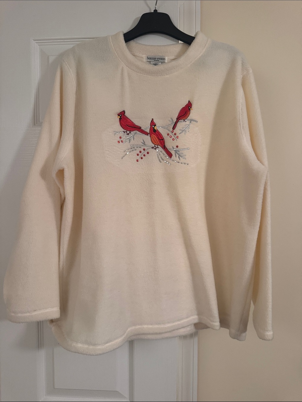 Cream Fleece Crewneck Sweater with Red Cardinal Embroidery - Berek (?)
